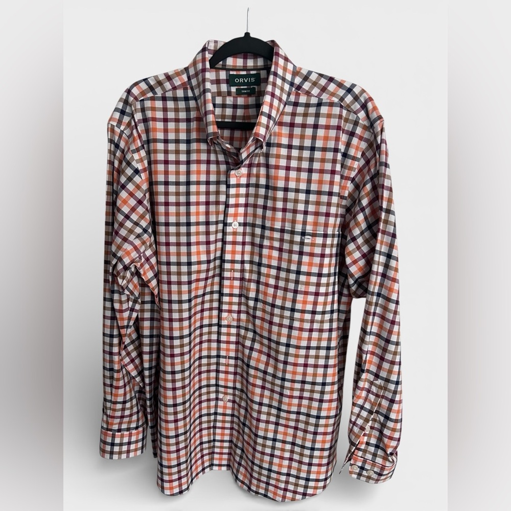 Orvis Men’s Orange & Green Plaid Trim Fit Button Up Casual Shirt Size XL